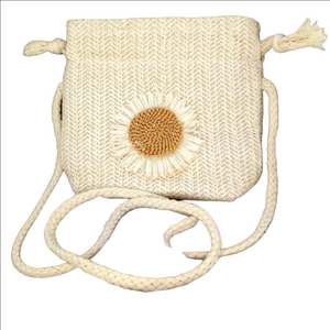 Small cream woven straw bohemian brown daisy drawstring crossbody bag NWT